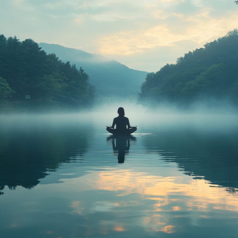 A young person meditates calmly in shallow water while the sun sets, creating a tranquil atmosphere. Lush trees frame the scene, enhancing the peaceful environment.